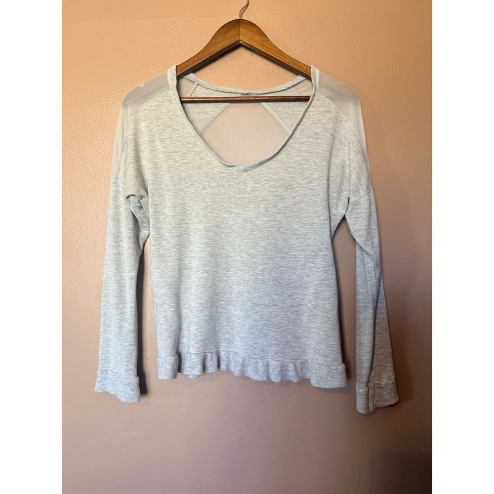 Balance Collection Small Gray Long Sleeve Top Mesh Back Ruffle Hem Rayon Spandex